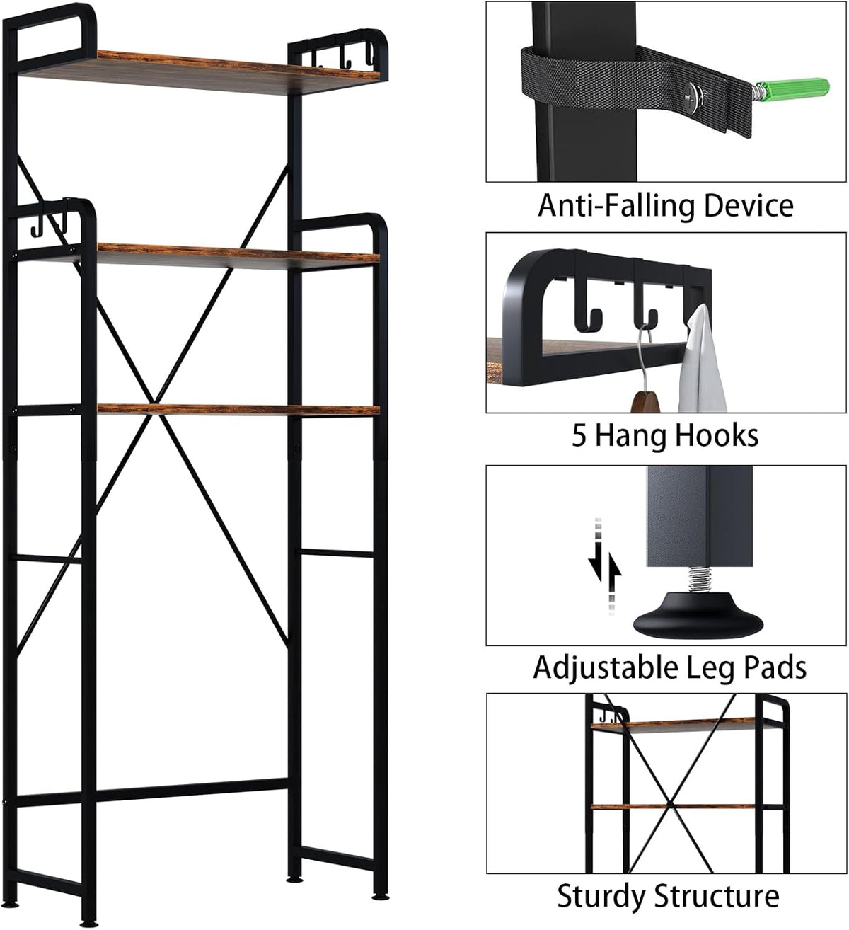 Over The Toilet Storage Rack with 3-Tier Bathroom Shelves, Space Saver Toilet Shelf, Bathroom Storage Organizer with Hooks for Over Toilet Storage and Shelf (Rustic Brown)