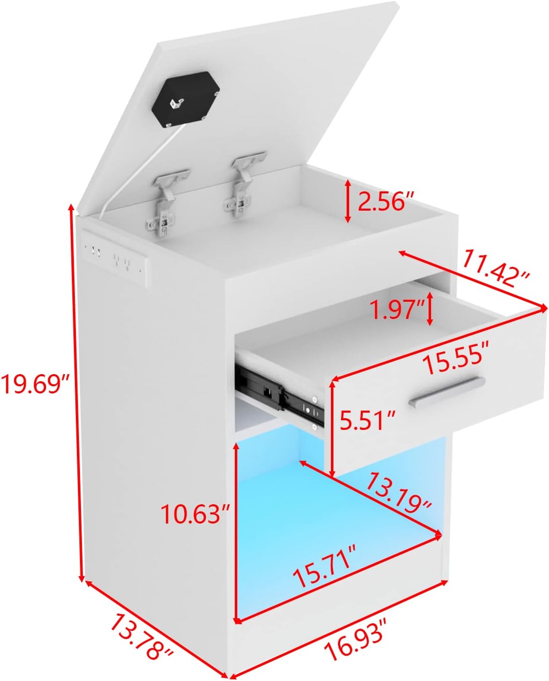 Auromie Nightstand with Charging Station and LED Lights, Concealment Furniture with RFID Lock Cabinet and Power Outlets, Bedside Table with Hidden Compartment for Valuables Storage, White