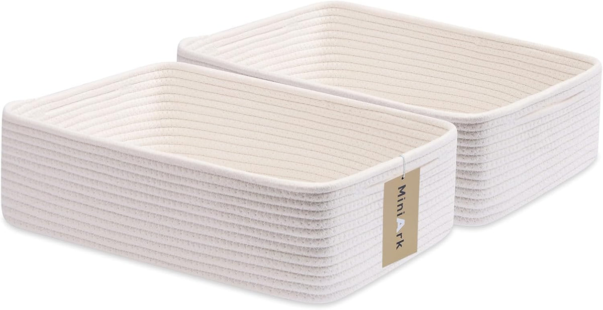 Large Shallow Organizing Baskets 15x11x5.1 Inches - Rope Woven Storage Bins for Bathroom, Shelves, Cube Closet, Off White 2 Packs