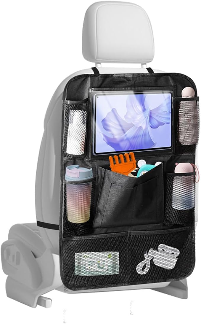 Car Backseat Organizer, Oxford Cloth Kick Mats Back Seat Protector with 9 Pockets & Clear Tablet Holder, Universal Waterproof Car Road Trip Essentials Storage Accessory (1PC)