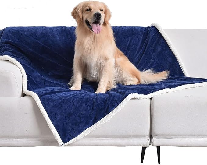 Qeils Waterproof Blanket for Bed Intimacy, Dog Blankets for Large Dogs, Waterproof Cat Blanket Washable, Soft Sherpa Fleece Puppy Blanket, Reversible Throw Protector for Couch Car, 50"X60", Navy Blue