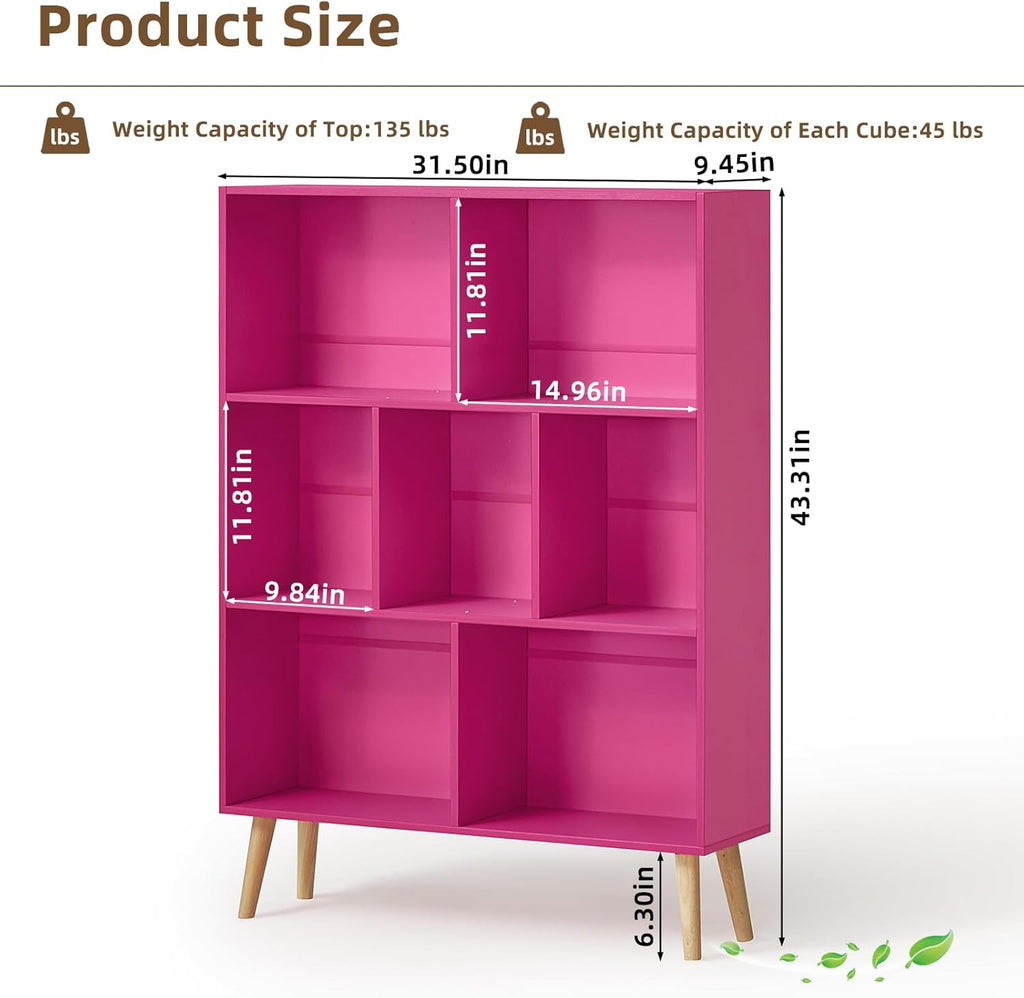 LEYAOYAO 7 Cube Bookshelf,3 Tier Book Shelf with Legs,Pink Modern Bookshelf,Large Freestanding Open Toy Modern Bookshelves,Display Bookcases Decor Furniture for Nursery
