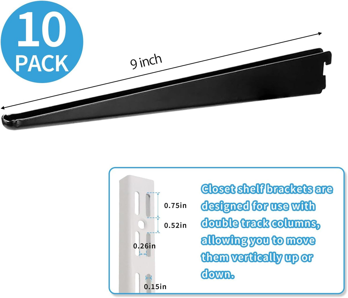 10 Pack 9‑Inch Adjustable Wire Shelf Brackets – Heavy‑Duty Double‑Track Closet & Wall Shelving System Supports（Black）