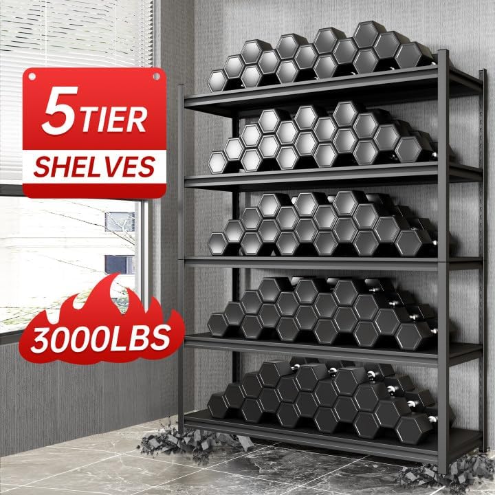 Metal Garage Shelving, Adjustable 5-Tier Heavy Duty Shelving, 3000 LBS Garage Shelving Unit and Storage，Heavy Duty Shelves for Basement,Warehouse，Kitchen (19.7" D*47.2" W*72" H)