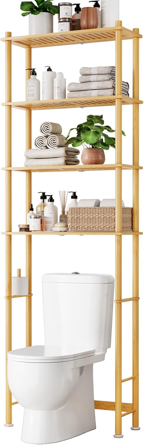 Kitsure Over The Toilet Shelf - 4-Tier Bamboo Bathroom Organizers and Storage with Paper Holder, Over Toilet Bathroom Organizer with Wall Anchor for Balcony, Laundry, Natural, 4 Tiers (75.3" H)