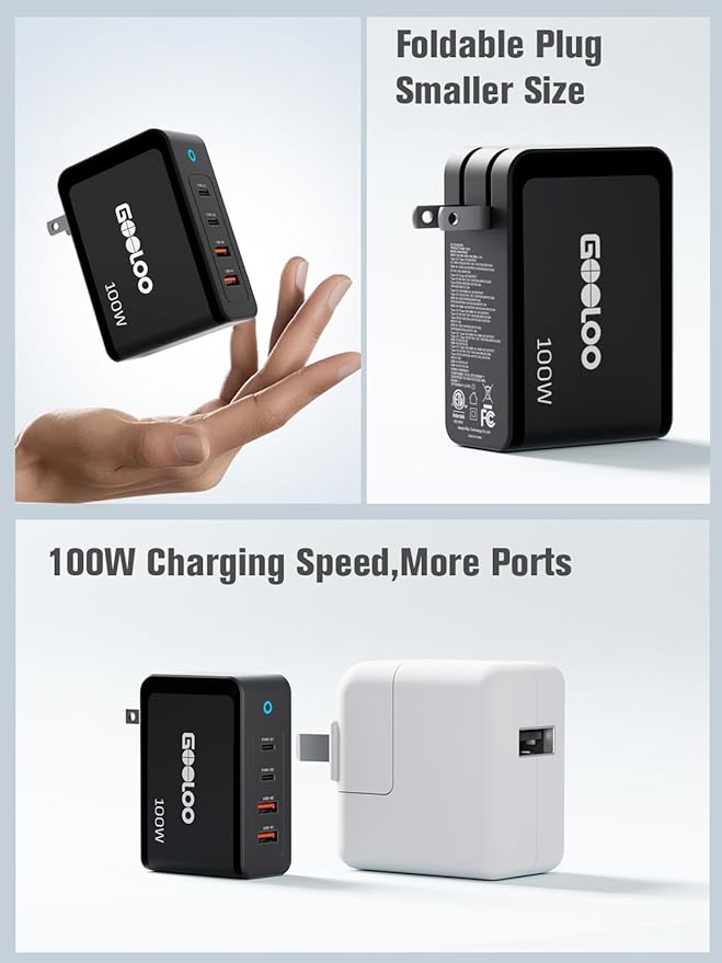 GOOLOO 100W USB C Charger Block, 4-Port Foldable Compact Fast Wall Charger