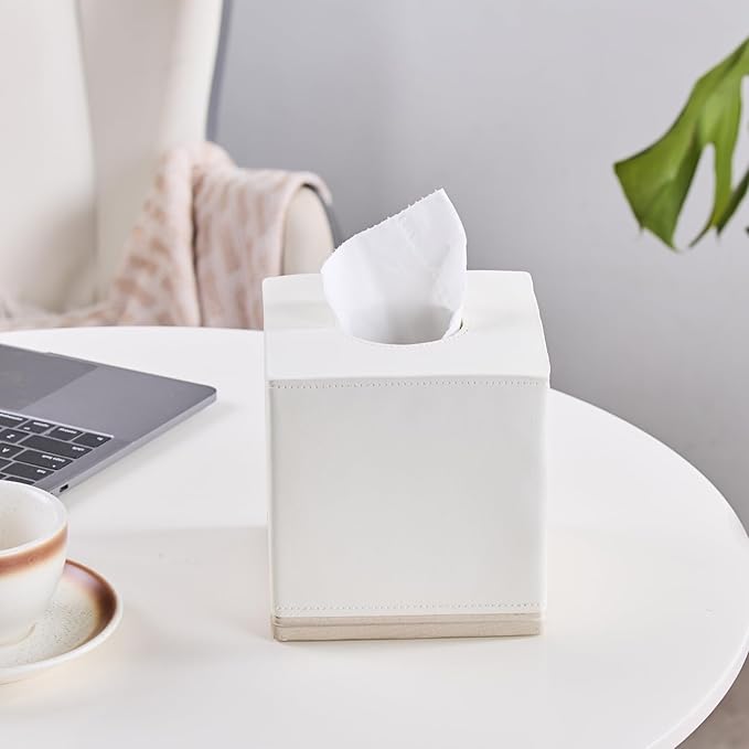 Tissue Box Cover Square Resin Tissue Holder for Home Decor,Hand Carved Beige Leather Cube Tissue Box Holder – 5.5 Inch Heavy Duty Luxury Tissue Box Case for Bathroom, Living Room, Office