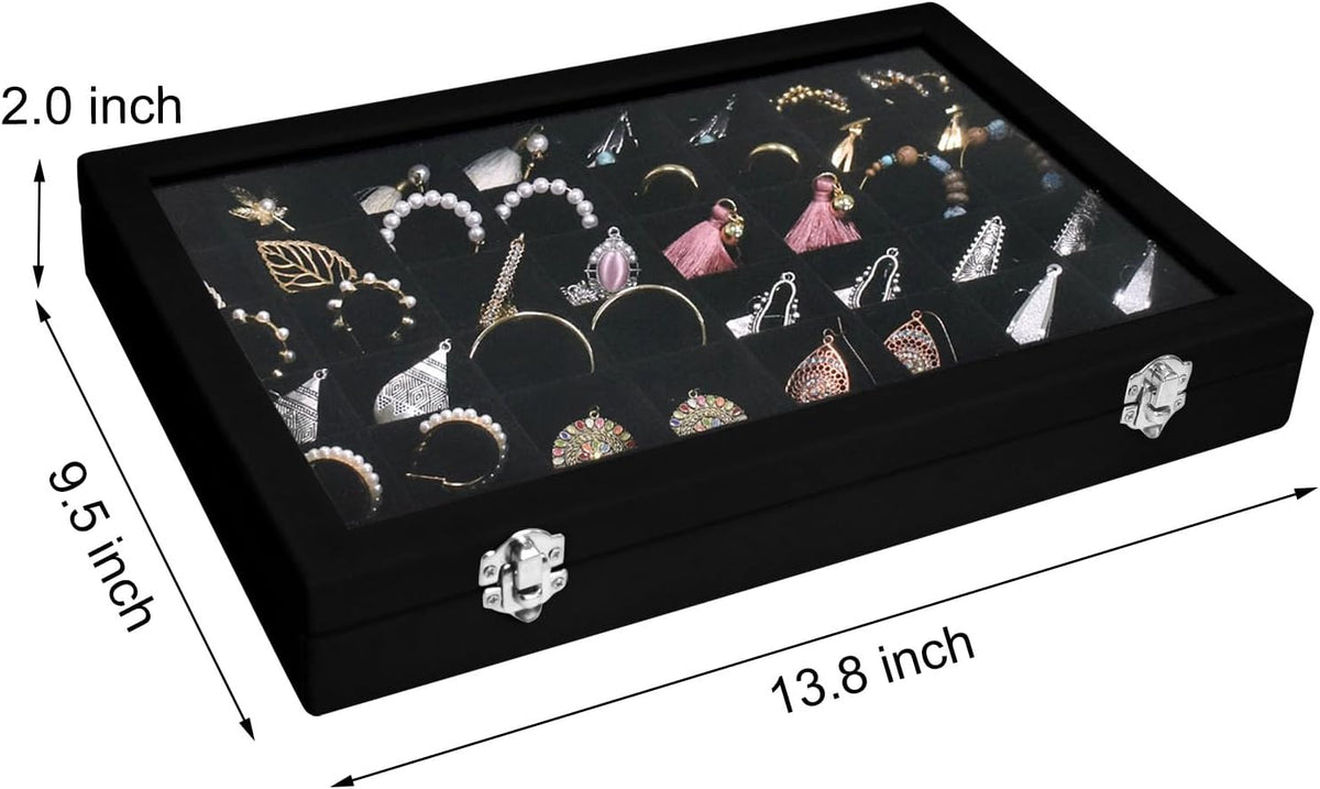 Velvet Jewelry Tray 48 Grid Jewelry Display Tray Organizer Box with Transparent Lid Rings Earrings Necklaces Pendants Display Box Suitable for Women and Girls (Black)