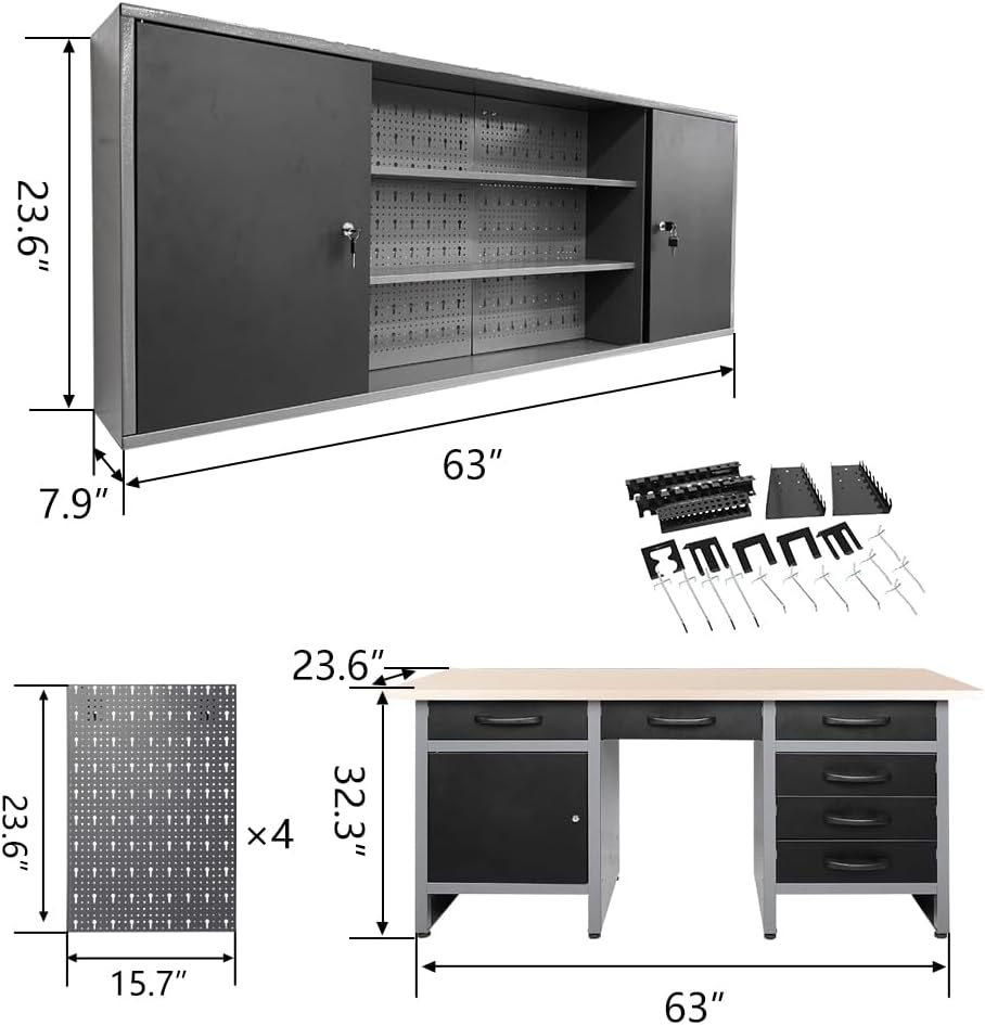 JZD Metal Storage Organization System, Wall Mount Tool Cabinet, Wood Tabletop, for Garage Workshop Utility Room