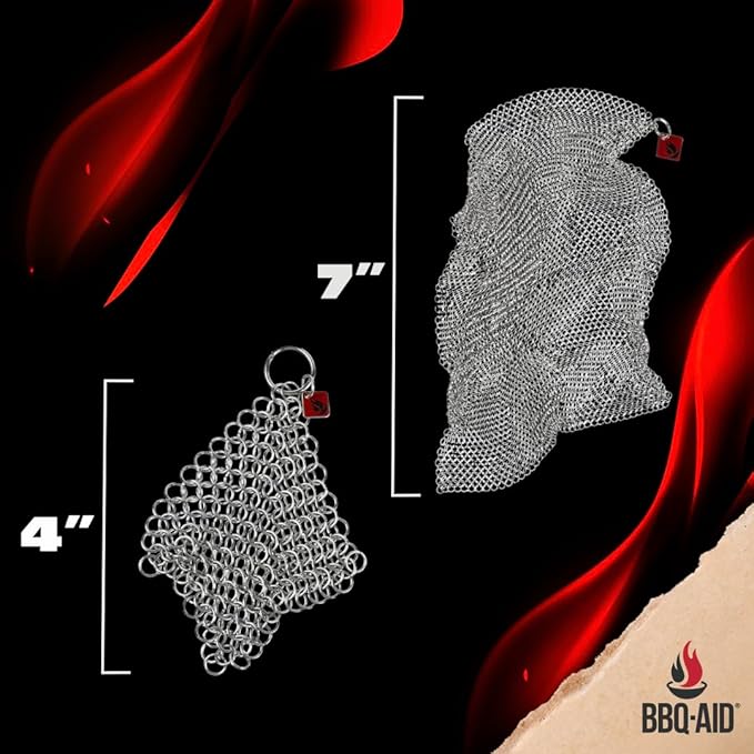 Knapp Made Cast Iron Chainmail Scrubber Kitchen Set - 4" and 7" Sizes. Premium Stainless Steel Cleaner for Your Finest Pots, Pans, and Kitchenware