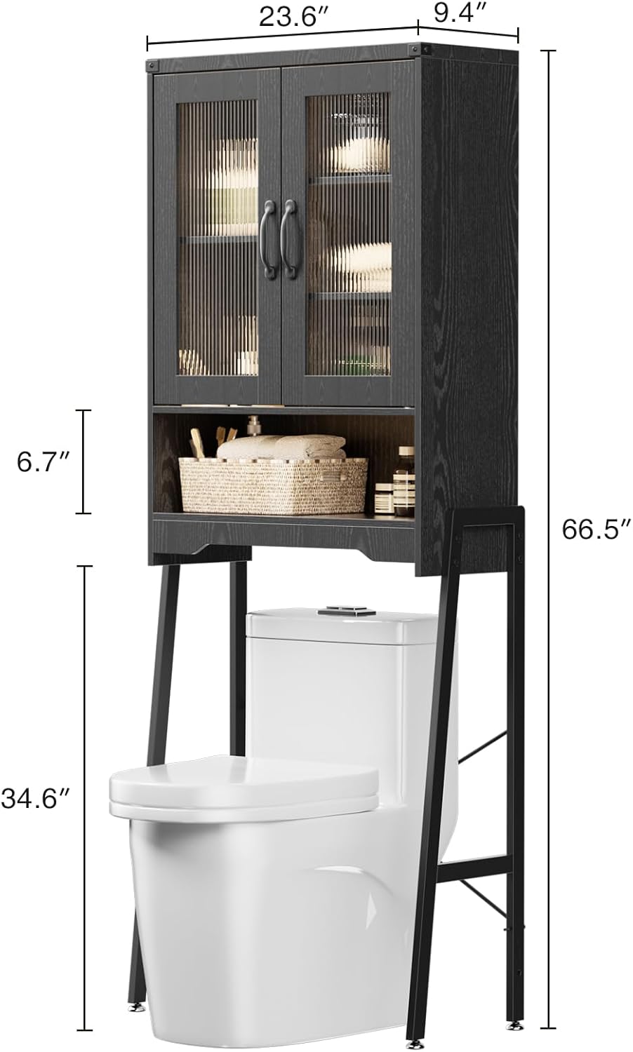 Over The Toilet Storage Cabinet with Tempered Glass Doors & Adjustable Shelf, Bathroom Organizer with Metal Stand Space Saver Over Toilet , Tall Freestanding Shelf/Rack for Bathroom, Black
