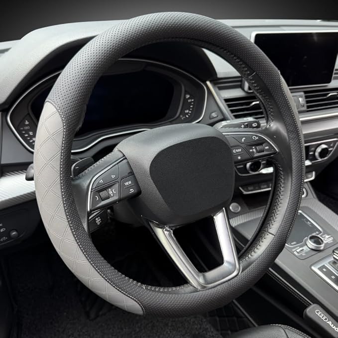 LKWLIKEI Nappa Leather Steering Wheel Cover,Elegant Diamond Checkered Design, Non-Slip wear-Resistant, Enhance Driving Comfort, Suitable for Steering Wheel Diameter 14 1/2‘-15’ Models.Black Gray