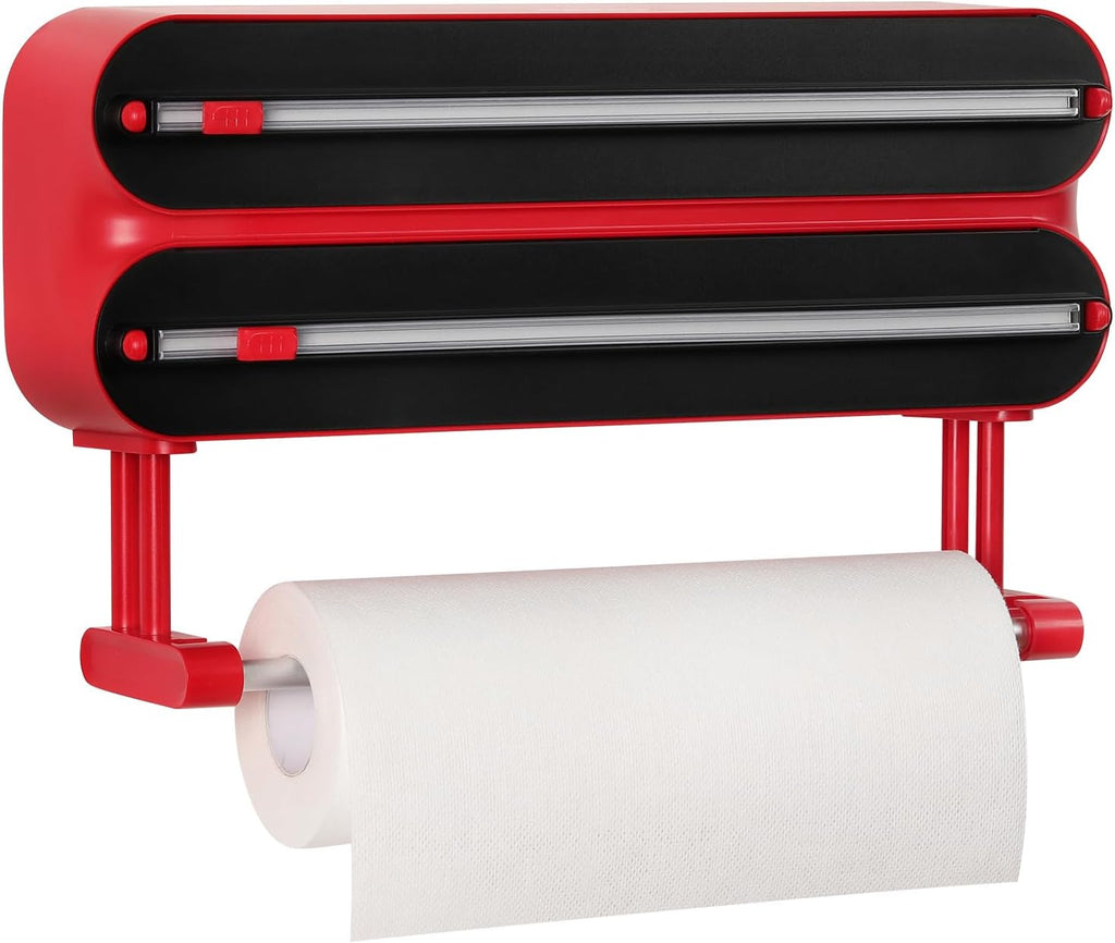 Aluminum Foil & Plastic Wrap Dispenser with Cutter - Magnetic & No-Drill Wall Mount, Cling Film Dispenser with Paper Towel Holder, Space-Saving 3-in-1 Kitchen Organizer - Fits 12" Roll, Red