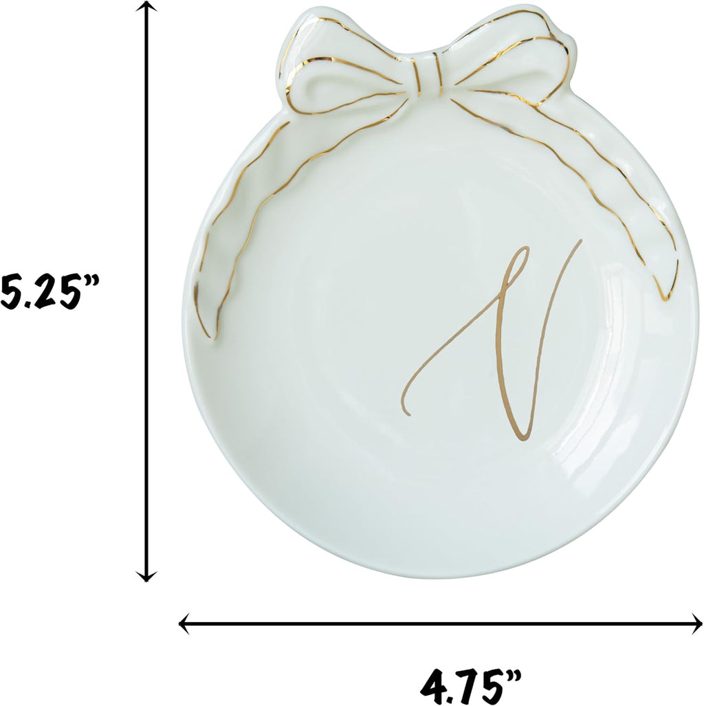 COLLECTIVE HOME - Personalized Initial Ceramic Jewelry Tray with Bow, Christmas Gift Ideas for Women, Small Gift for Girlfriend Wife, Ring Holder, Earrings Dish, Birthday Gift for Her (V)