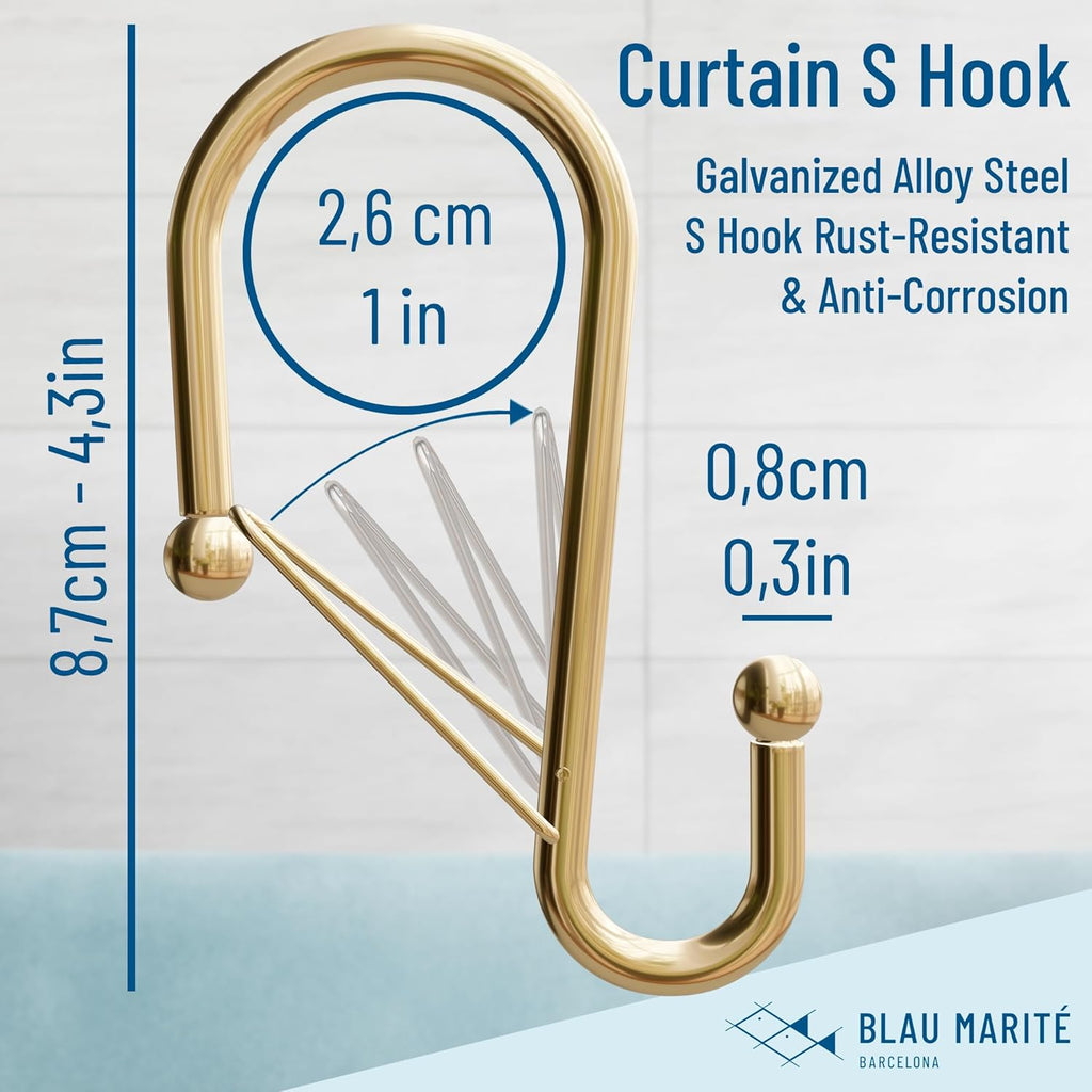 12 Decorative Metal Shower Curtain Hooks, S-Shaped Hooks with Anti-Fall System, Rust-Proof Shower Rings with Safety Buckle, Fits Rods Up to 1-Inch Diameter (S, Gold)