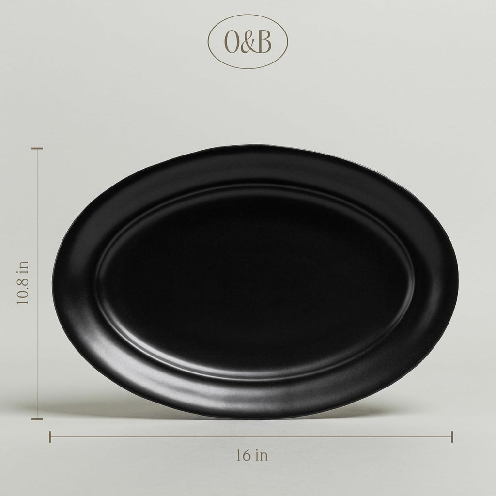 over&back Rim Stoneware Serving Platter - Elegant 1-Piece Oval Serving Platter to Complete Your Kitchen Set - 16" L x 10.8" W Semi-Matte Black