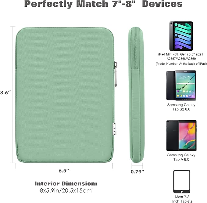 MoKo 7-8 Inch Tablet Sleeve Bag, Polyester Pouch Cover Case Fits iPad mini (A17 Pro) 8.3" 2024, iPad mini 6/5/4/3/2/1, Samsung Galaxy Tab S2 8.0, Tab A 8.0, ZenPad Z8s 7.9, Dark Green