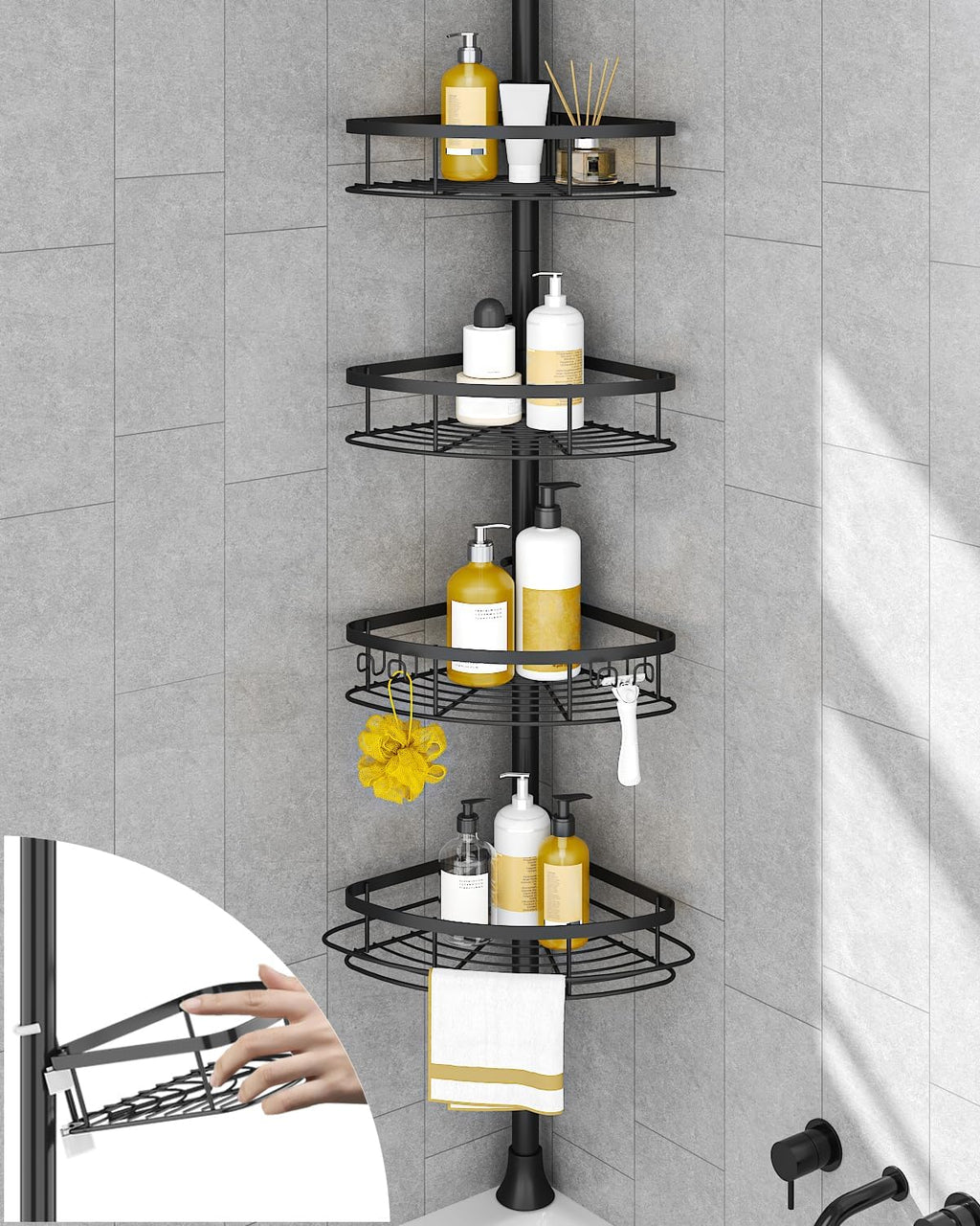 SEIRIONE Corner Shower Caddy Tension Pole, Rustproof Bathroom Shower Organizer Corner, 4-Tier Adjustable Bathroom Shelf, Solid Rack Ideal for Bathtub Storage, 34 to 116 Inch Height, Black