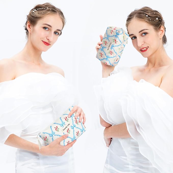 HAOGUAGUA 2 Pieces Makeup Bag, Small Large Quilted Cosmetic Bag, Travel Floral Make Up Toiletry Organizer Bag for Women Girls (2PCS STYLE A-3)