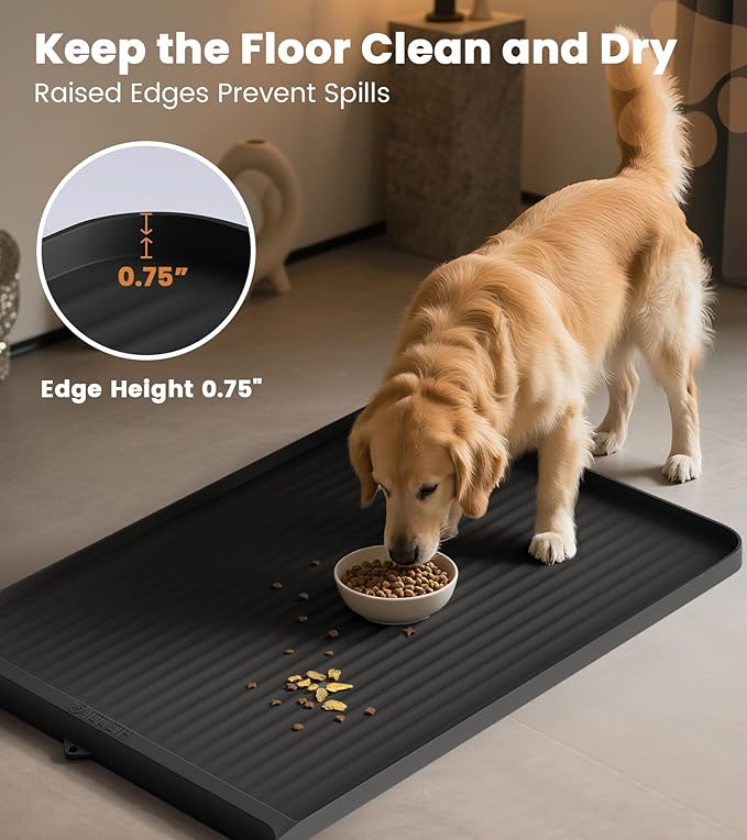 Dog Food Mat 36"x24", Waterproof Pet Feeding Mat with Diversion Grooves and Raised Edges, Large Non-Slip Dog Bowl Mat for Food and Water, Cat Food Mat for Floors, Easy to Clean, Black