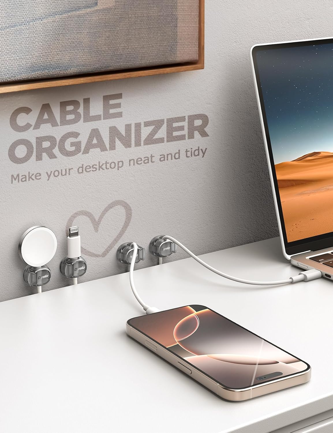 Cable Clips - Chfeila Latest Dual Spring Cord Organizer with Clasp Lock, 6Pack [Max Stability] Desk Cable Management, Adhesive Phone Charging Wire Holder for Nightstand/Car/Wall, Office Accessory