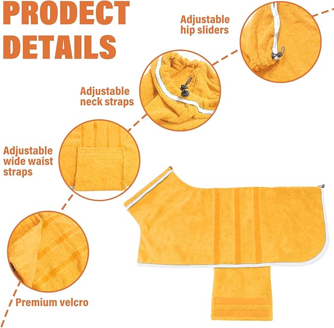 HhiMyOct Dog Robe - Fast Drying Towel - Microfiber Super Absorbent Pet Bathrobe, Adjustable Collar & Belly Strap (Yellow, Large)