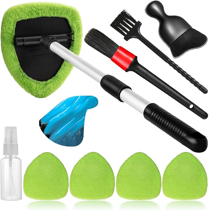 10pcs Windshield Cleaner Tool, Car Window Cleaning Wash Kit with 4 Reusable Microfiber Pads 1 Spray Bottle and Extendable Handle Auto Glass Wiper Kit, Green