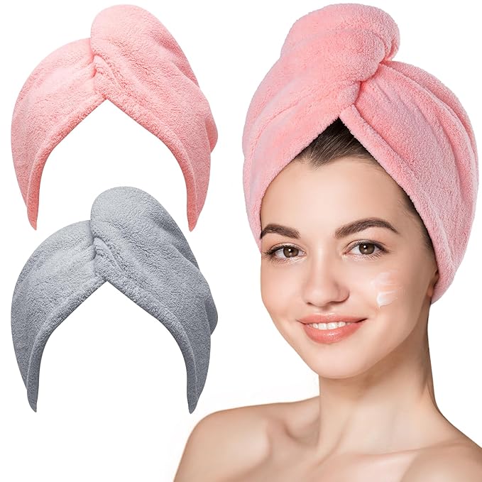 Hicober Microfiber Hair Towel, 2Packs Hair Turbans for Wet Hair, Drying Hair Wrap Towels for Curly Hair Women Anti Frizz(Pink,Grey)