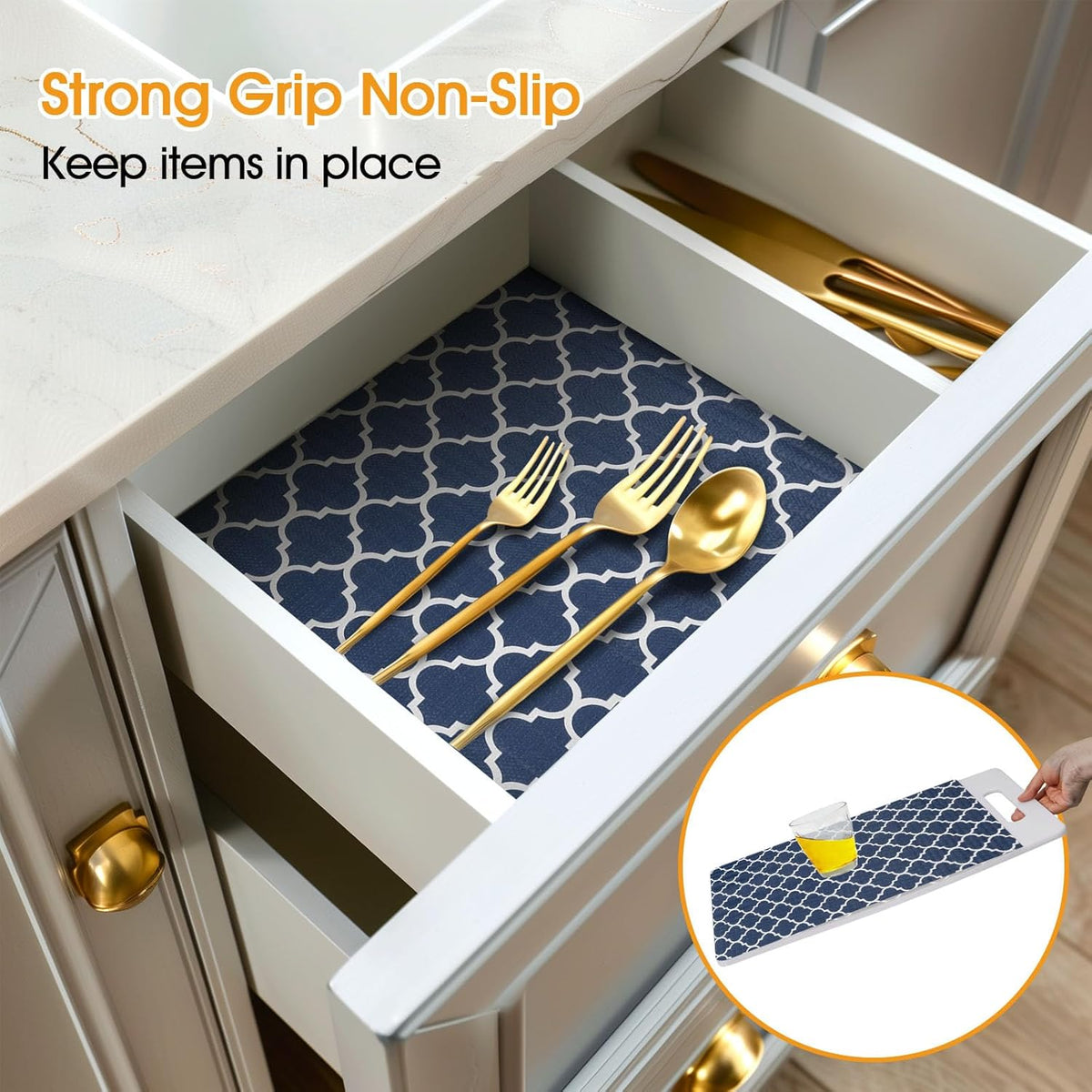 Shelf and Drawer Liner for Kitchen Cabinets Non-Adhesive, Strong Grip Non-Slip Thickened Cabinet Liners for Shelves, Waterproof Mats for Dresser Cupboard, Blue, 12 in x 20 Feet