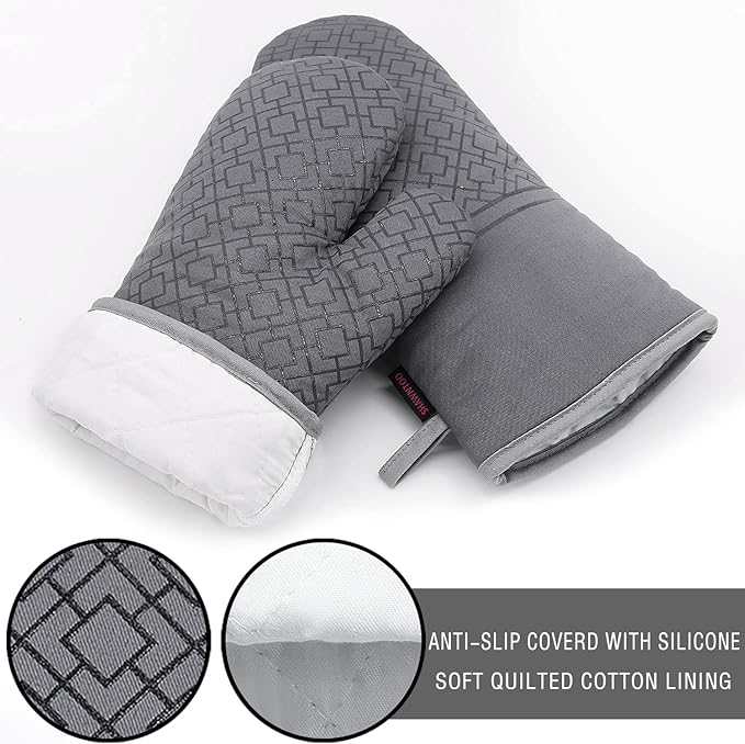 Oven Mitts and Pot Holders Sets 6pcs, Kitchen Oven Glove,High Heat Resistant 550 Degree Extra Long Oven Mitts and Potholders with Non-Slip Silicone Surface for Home Essentials (Grey) (Gray)