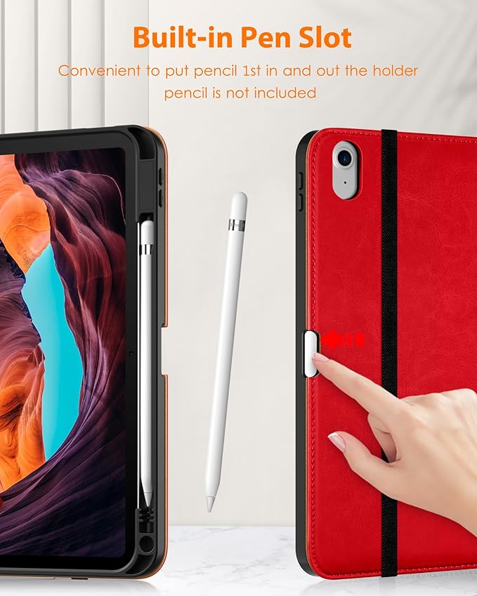 DTTO for iPad (A16) 11th Generation Case 11 Inch 2025, iPad 10th Generation Case 10.9 Inch 2022, Premium Leather Business Folio Stand Cover with Pencil Holder - Auto Wake/Sleep, Bright Red