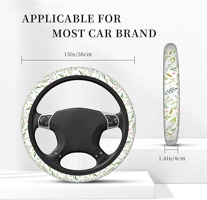 Flowers Leaves Steering Wheel Cover for Women Elastic Rubber Steering Wheel Universal 15 Inch Fit for Cars, Auto, SUVs
