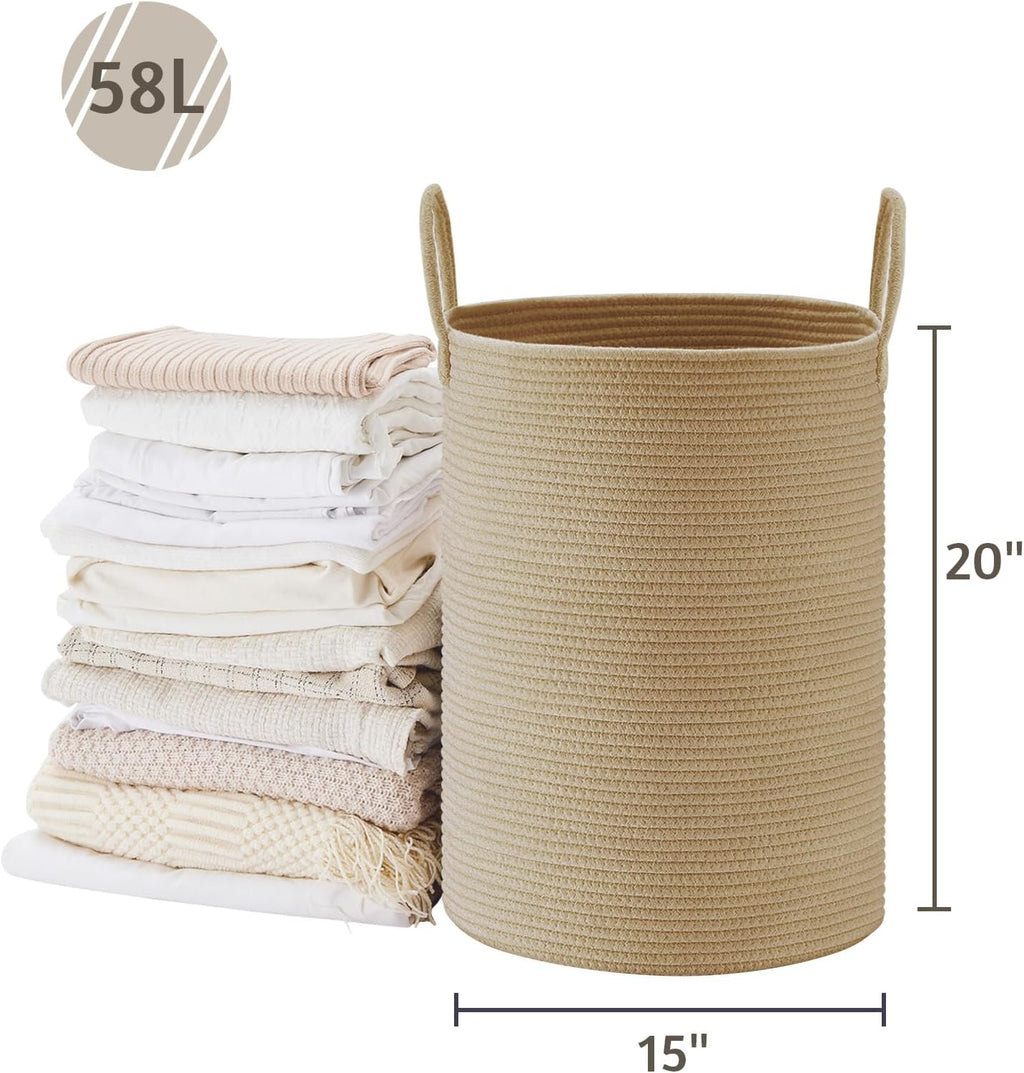 VIPOSCO Large Laundry Hamper, Tall Woven Rope Storage Basket for Blanket, Toys, Dirty Clothes in Living Room, Bathroom, Bedroom - 58L Jute