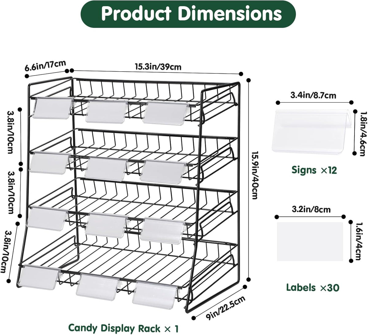4-Tier Black Stackable Candy Display Rack, Snack Organizer For Countertop, Stores, Offices with 12 Signs and 30 Labels (Black-1 Pack)