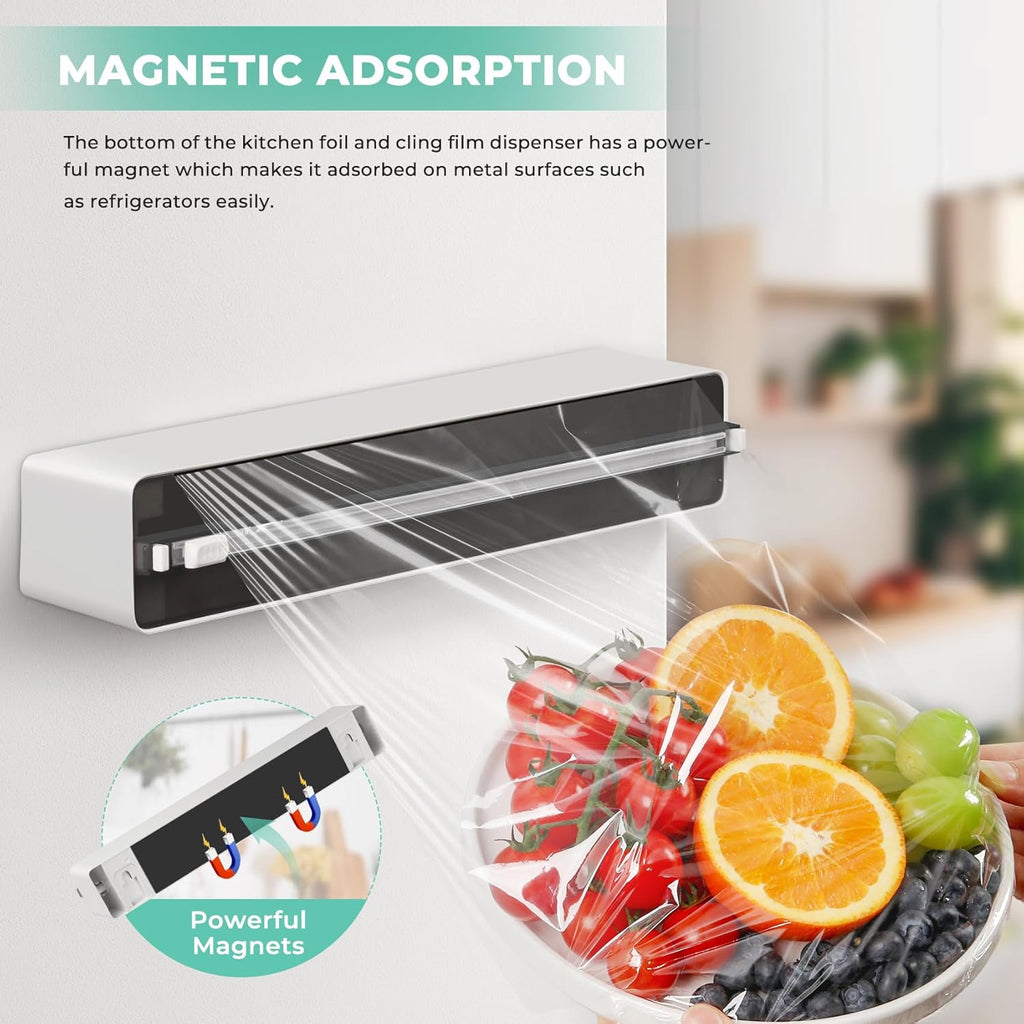 Magnetic Plastic Wrap Dispenser with Cutter - Practical Refillable Aluminum Tin Foil and Plastic Wrap Organizer for Drawer, Including an Extra Roll of 12"X 164' Food Cling Film - Black