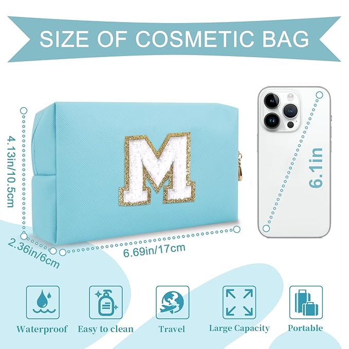 Small Personalized Initial A-Z Preppy Patch Makeup Bag,PU Chenille Letter Travel Cosmetic Pouch with Zipper,Blue Cute Toiletry Bag,Gift Ideal for Teen Girls Women Teacher Bridesmaid,Letter M