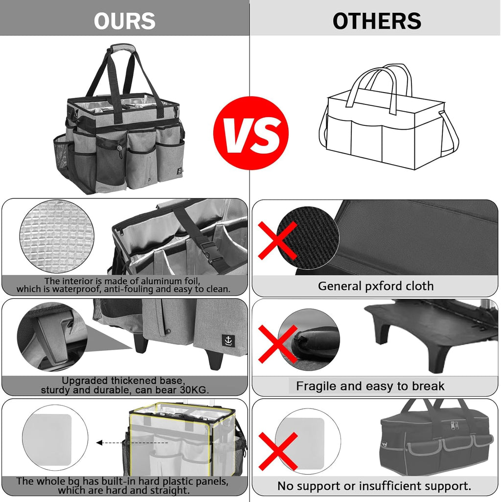 Extra large Rolling Cleaning caddy bag with Detachable, Foldable Trolley Portable Cleaning Cart for Housekeeping Cleaning caddy with Adjustable Shoulder Strap and Multiple Storage Pockets