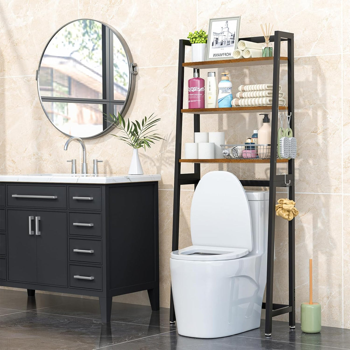 VASMIA Over The Toilet Storage Shelf,3-Tier Bathroom Organizer Over Toilet Storage Cabinet,Freestanding Space Saver with 3 Hooks Black and Rustic Brown