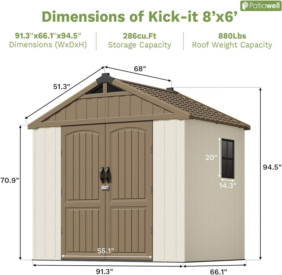 Patiowell 8 x 6 FT Plastic Outdoor Storage Shed with Floor, Resin Shed with Window and Lockable Door for Garden, Backyard, Tool Storage Use, Easy to Install in Brown (Kick-it Shed)