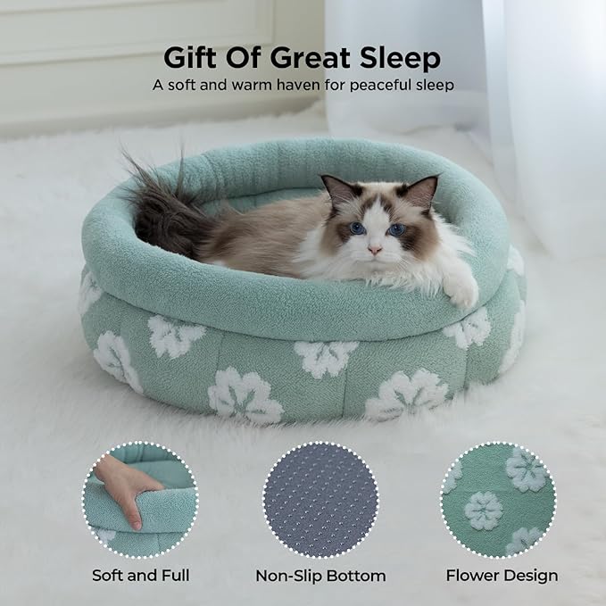 BALANCE Cat Beds for Indoor Cats, Washable Round Cat Bed, Cute 3D Flower Kitten Bed with Anti-Slip Bottom for Puppy and Kitten, 23 Inches, Green