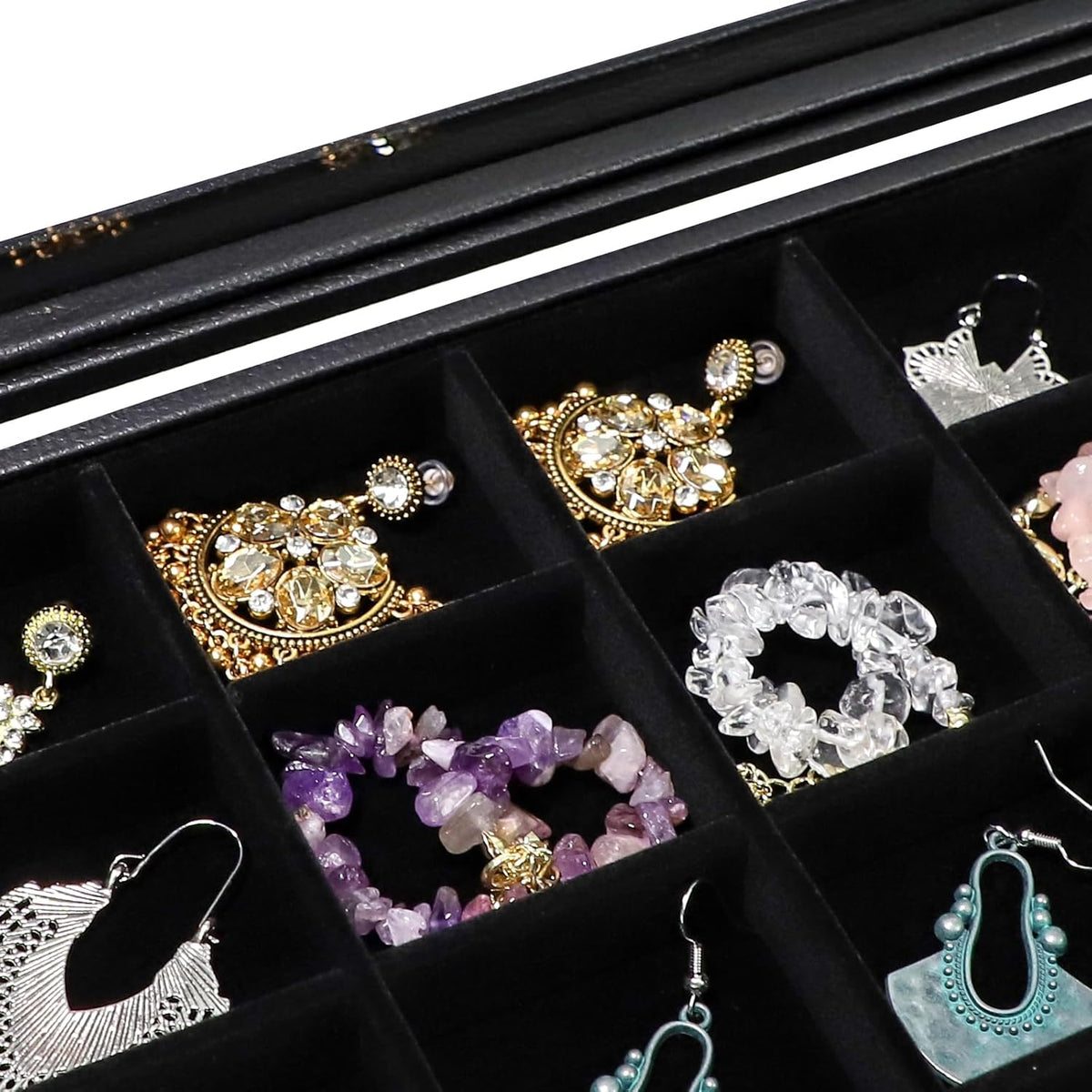 Wudygirl 30 Grid Jewelry Organizer Clear Lid Jewelry Tray Stackable Jewelry Storage Case Display Rings,Earrings,Necklace,Black Velvet (30 Grid)