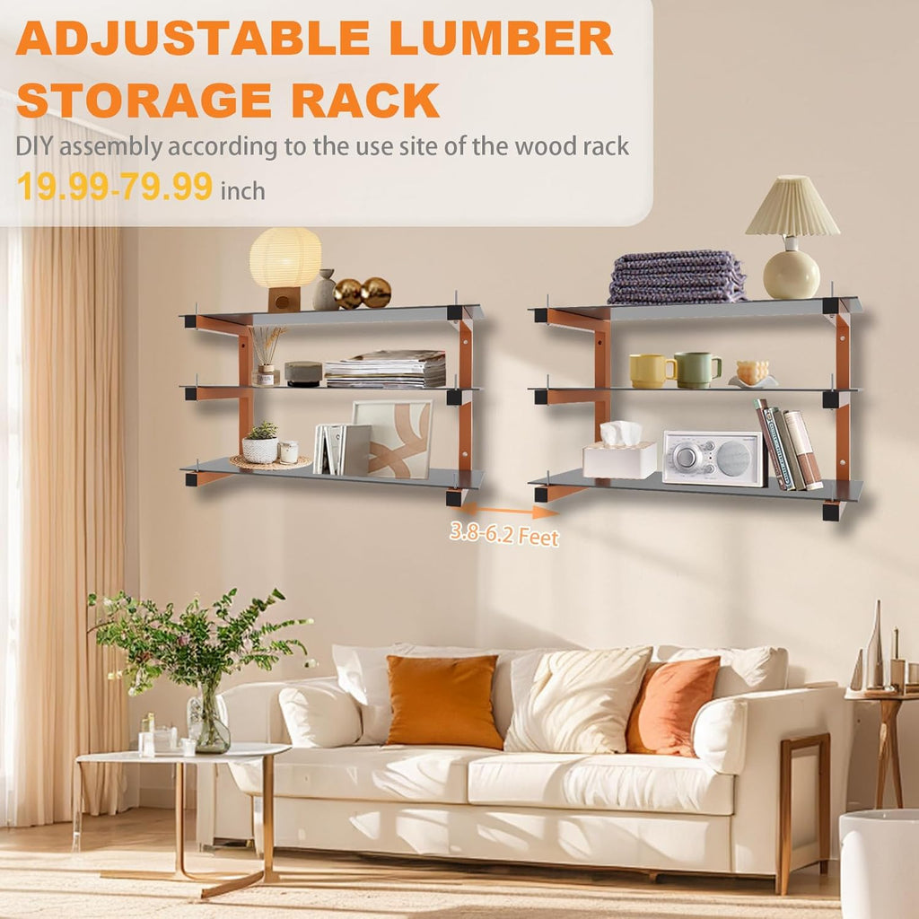 4 Pack Wall-Mounted Lumber Rack, Heavy Duty Wood Storage Racks, 6-Level System Garage Shelving, 1320 LBS Capacity Hanging Organizer Shelves, Orange Brackets Utility Metal Shelf for Indoor and Outdoor