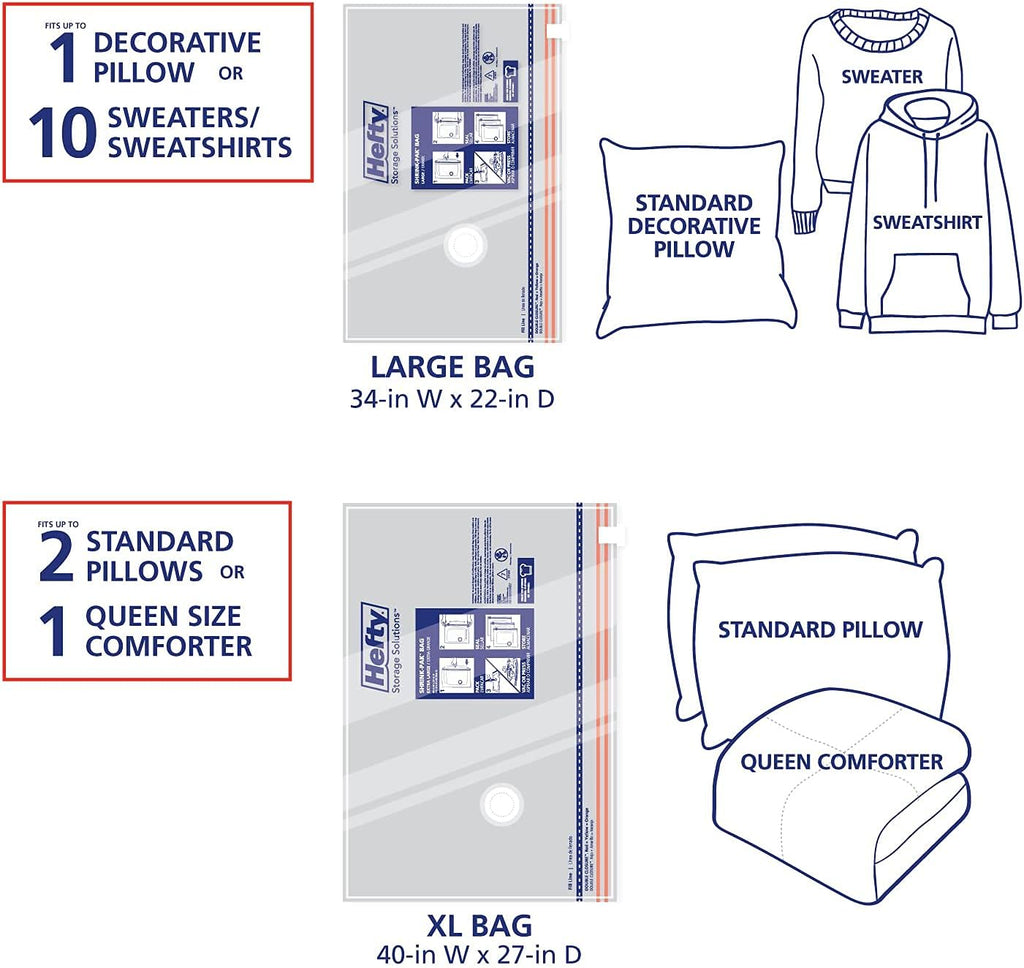 Hefty Shrink-Pak Vacuum Storage Bags - Space Saver for Under Bed Storage, Clothing and Comforters, Odor Resistant, 3X More Storage Space - 3 Large, 3 XL Bags
