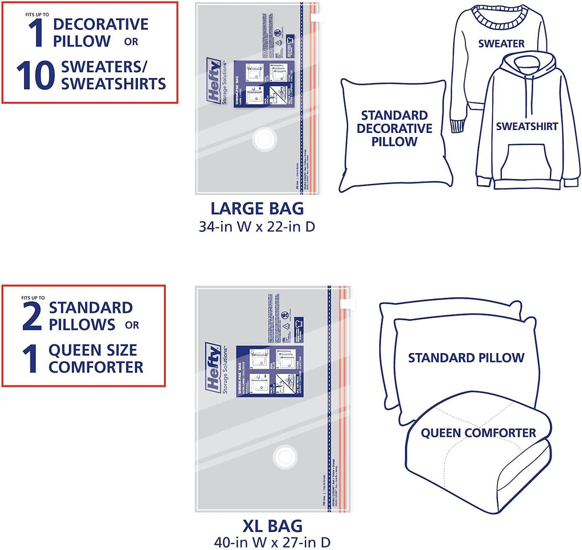 Hefty Shrink-Pak Vacuum Storage Bags - Space Saver for Under Bed Storage, Clothing and Comforters, Odor Resistant, 3X More Storage Space - 3 Large, 3 XL Bags