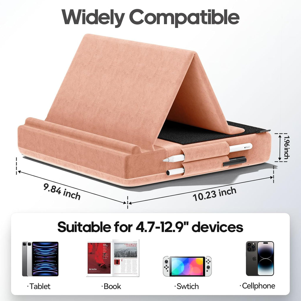 KDD Tablet Pillow Stand, Multi-Angle Viewing Ipad Holder for Lap, Bed and Desk, Foldable Soft Pad Dock with Stylus Mount Compatible with Ipad Pro 12.9, 10.5, 11, Air, Mini, Phones, Books, E-Reader