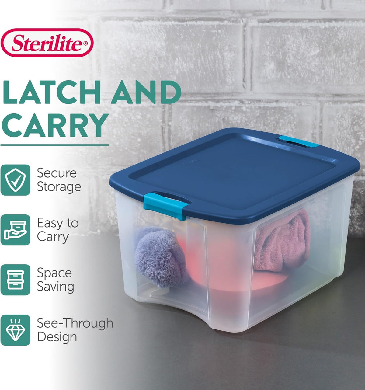Sterilite 12-Pack Latch and Carry, Clear Plastic Storage Bins with Latching Lids and Full-Grip Handles, 18 Gallon