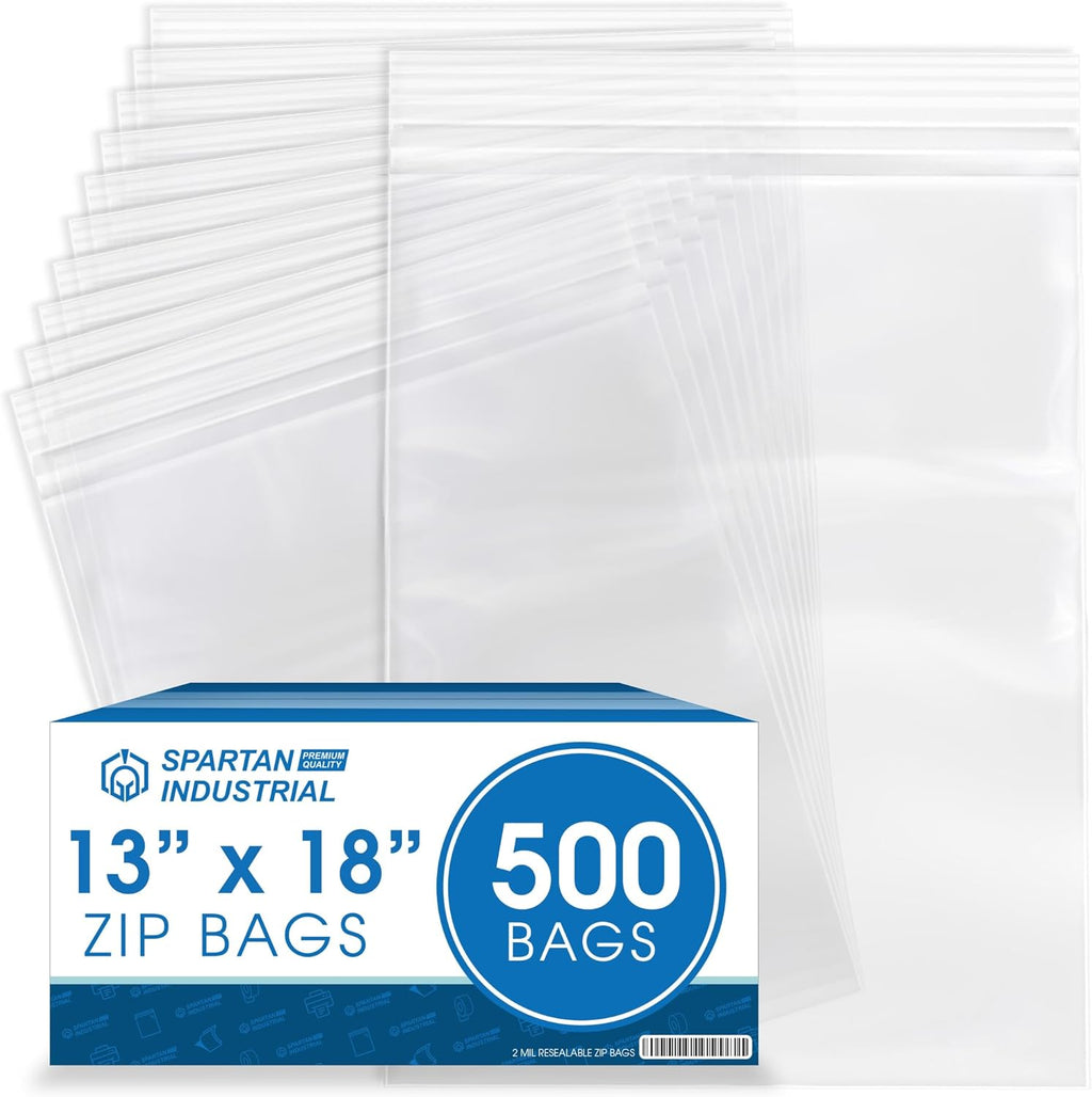 Spartan Industrial - 13” X 18” (500 Count) 2 Mil Clear Reclosable Zip Plastic Poly Bags with Resealable Lock Seal Zipper