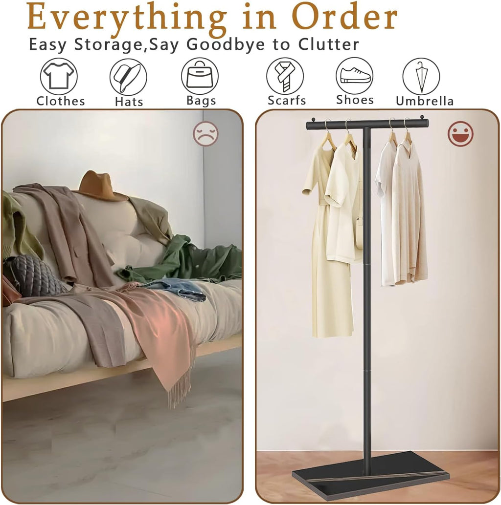 T-Shaped Metal Rack Stand,Modern Clothes Rack With Rock Slab Base,68.8 Inch Freestanding Clothing Rack Stand,Suitable For Boutiques, Entryway, Bedroom, Living Room, Hallway, (Black, 68.8inch)