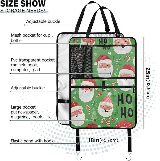 1 Pack Back Seat Car Organizer with Storage Pockets Kick Mats Back Seat Protector Hanging Car Organizer Automotive Seat Back Cover Organizers Bright Green Christmas Santa Claus
