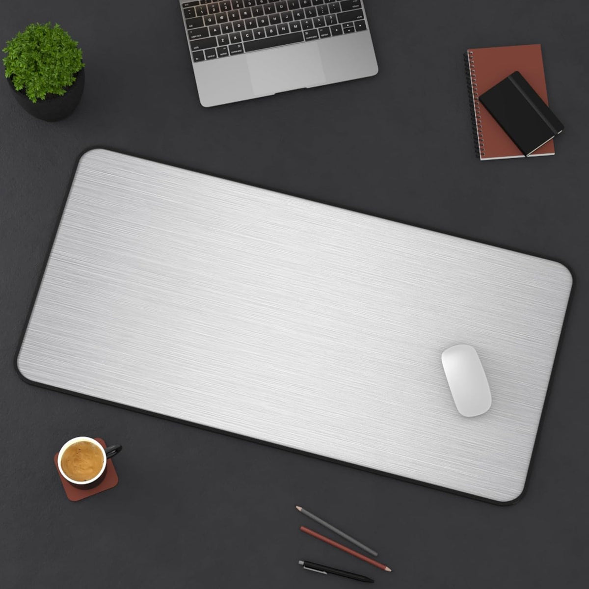 Brushed Metal Texture Desk Mat - Extended Mouse Pad & Desk Pad, Neoprene Surface, Non-Slip Rubber Base, Stitched Edges, Desk Protector for Keyboard & Mouse (Silver, 16x32)